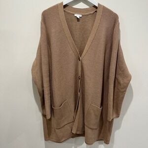 J Jill Long Cardigan Sweater Plus 3X Tan Waffle Knit Button Front Casual Capsule